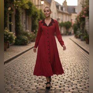 Elegant Vintage Victorian Steampunk D. Frank Red Button-Up Maxi Dress
